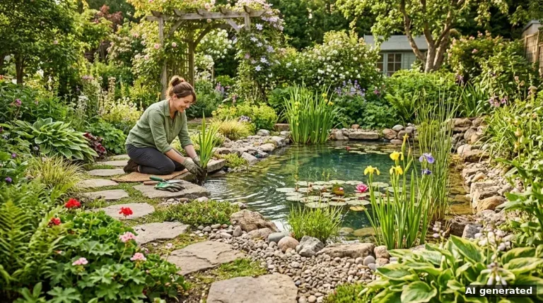 Frau bepflanzt die Uferzone eines frisch angelegten Gartenteichs mit Steinrand