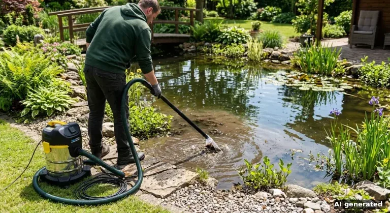 Teichbesitzer saugt Schlamm mit einem Schlammsauger vom Grund eines Gartenteichs ab