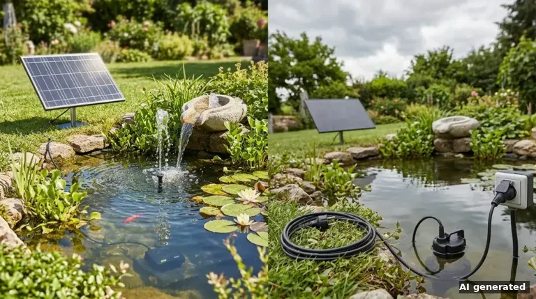 Vergleich: Solar-Teichpumpe mit Panel am Springbrunnen links, Netzpumpe mit Stromanschluss rechts
