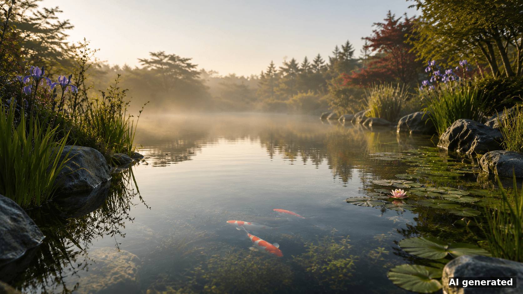 Klarer Gartenteich mit gesunden Goldfischen im Morgenlicht – klares Wasser als Ergebnis richtiger Teichtechnik