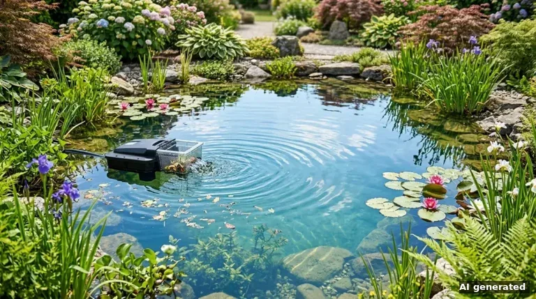 Schwimmskimmer sammelt Laub und Blütenstaub von der Oberfläche eines Gartenteichs