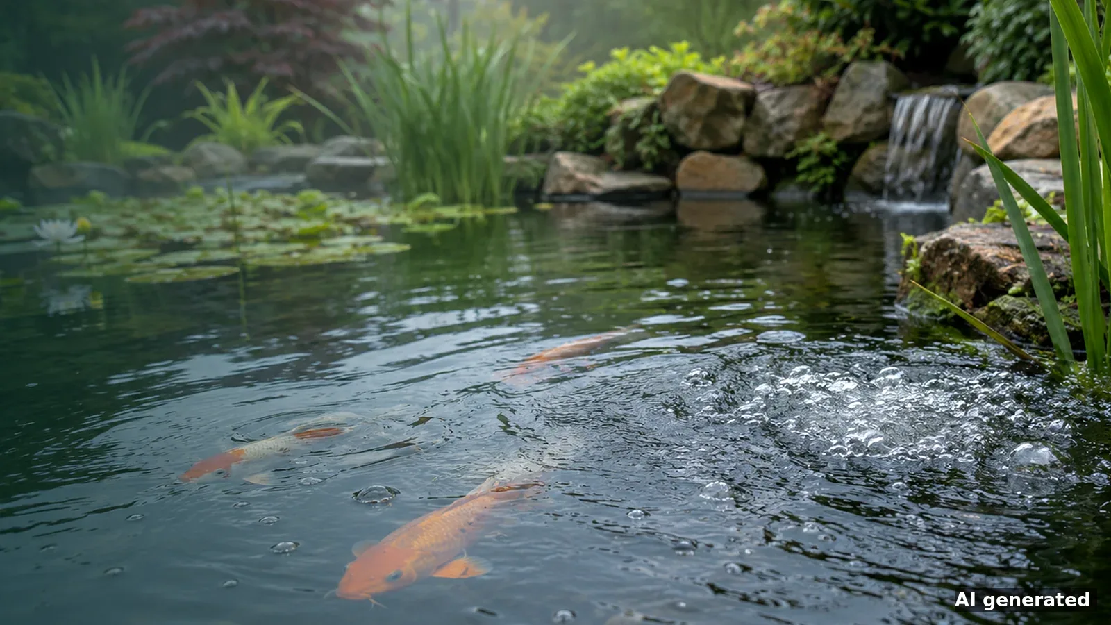 Klares Teichwasser mit sichtbaren Fischen und Wasserpflanzen