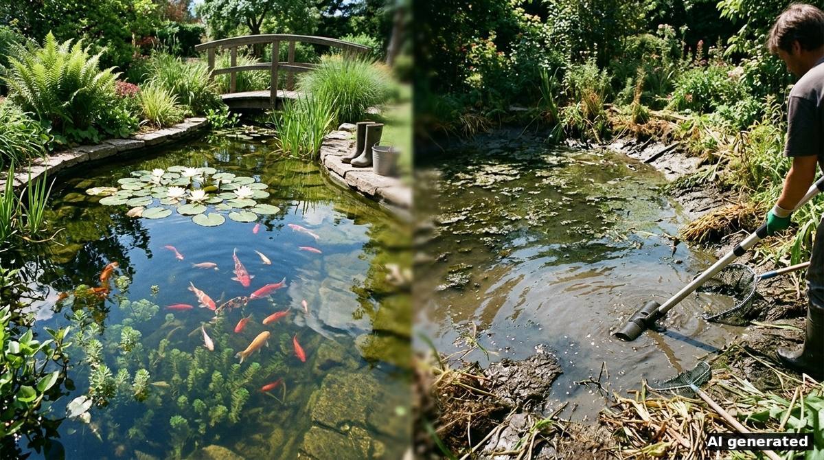 Vergleich: links ein klarer gepflegter Gartenteich mit Koi, rechts ein verschlammter Teich während der Reinigung