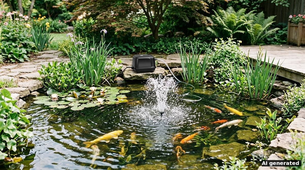 Teichbelüfter am Ufer eines Gartenteichs bringt über einen Sprudler Sauerstoff ins Wasser, im Teich schwimmen Koi