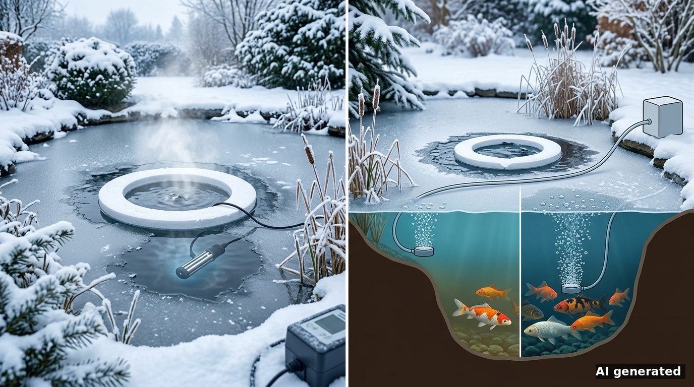 Eisfreihalter vs. Teichbelüfter im Winter: Wo der Ausströmer platziert werden muss (und wo er Fische gefährdet)